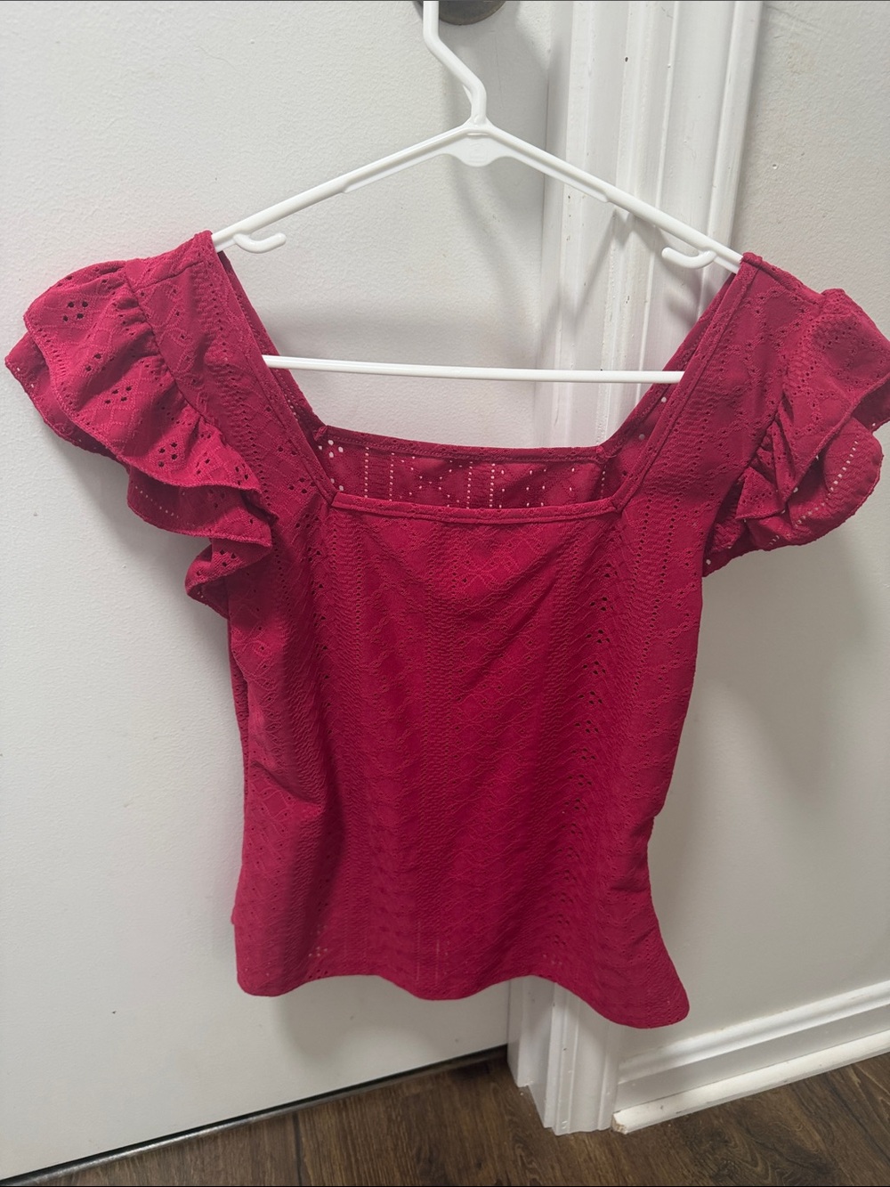 SHEIN Raspberry Red Square Neck Eyelet Ruffle Top